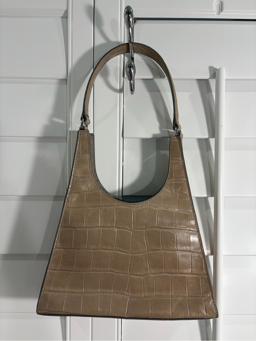 STAUD Mini Rey Taupe Croc-Embossed Top-Handle Bag - Picture 2 of 12